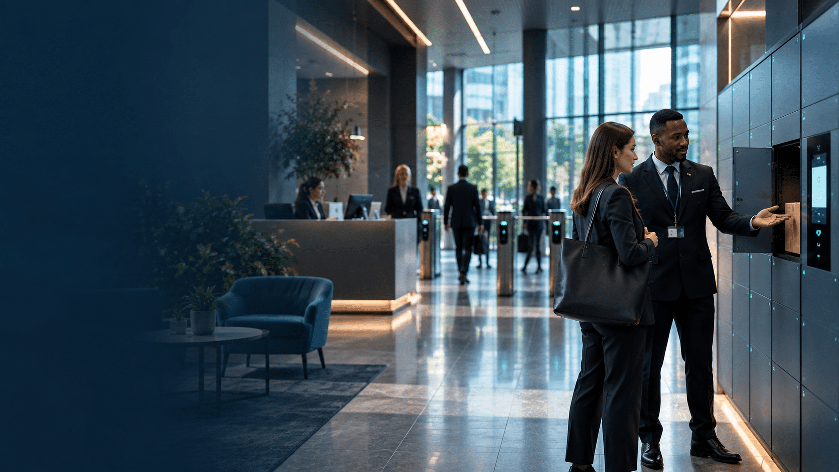 Modern workplace reception with smart lockers, security and visitor flow