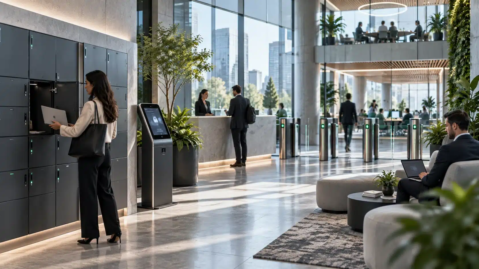 Modern workplace lobby with smart lockers, reception and self-service access