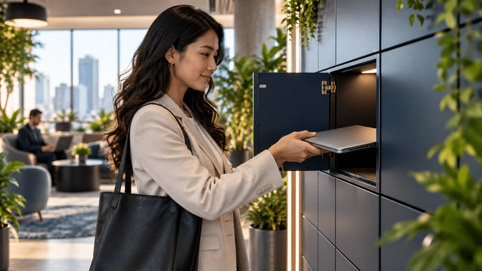 Modern workplace with smart lockers and flexible workspace