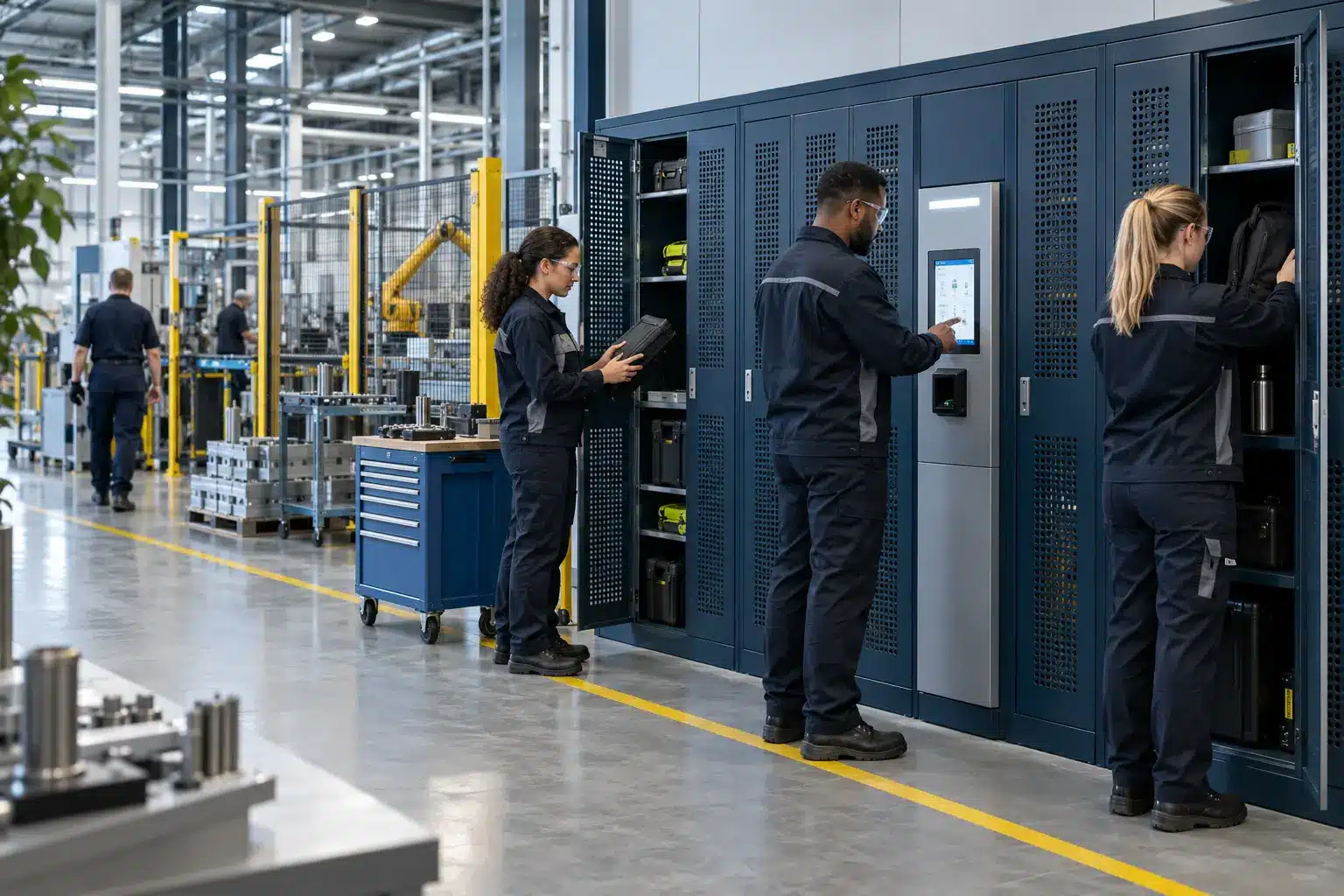 Manufacturing employees using industrial smart lockers beside a modern production line