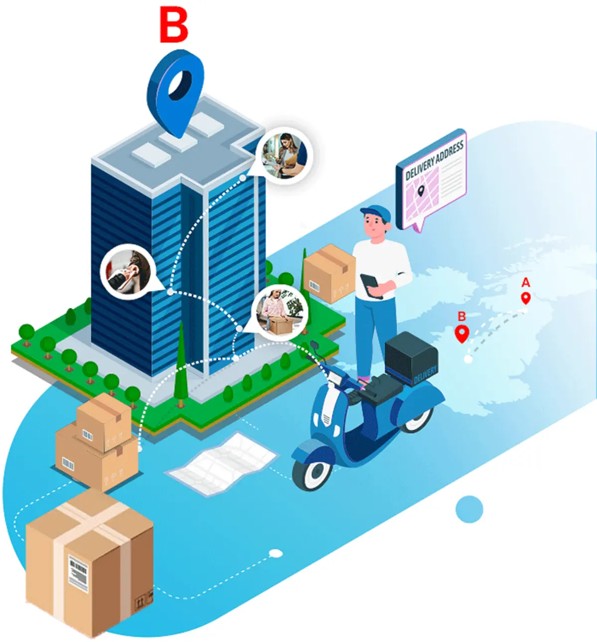 Metafour illustration showing parcels tracked from courier arrival into an office building