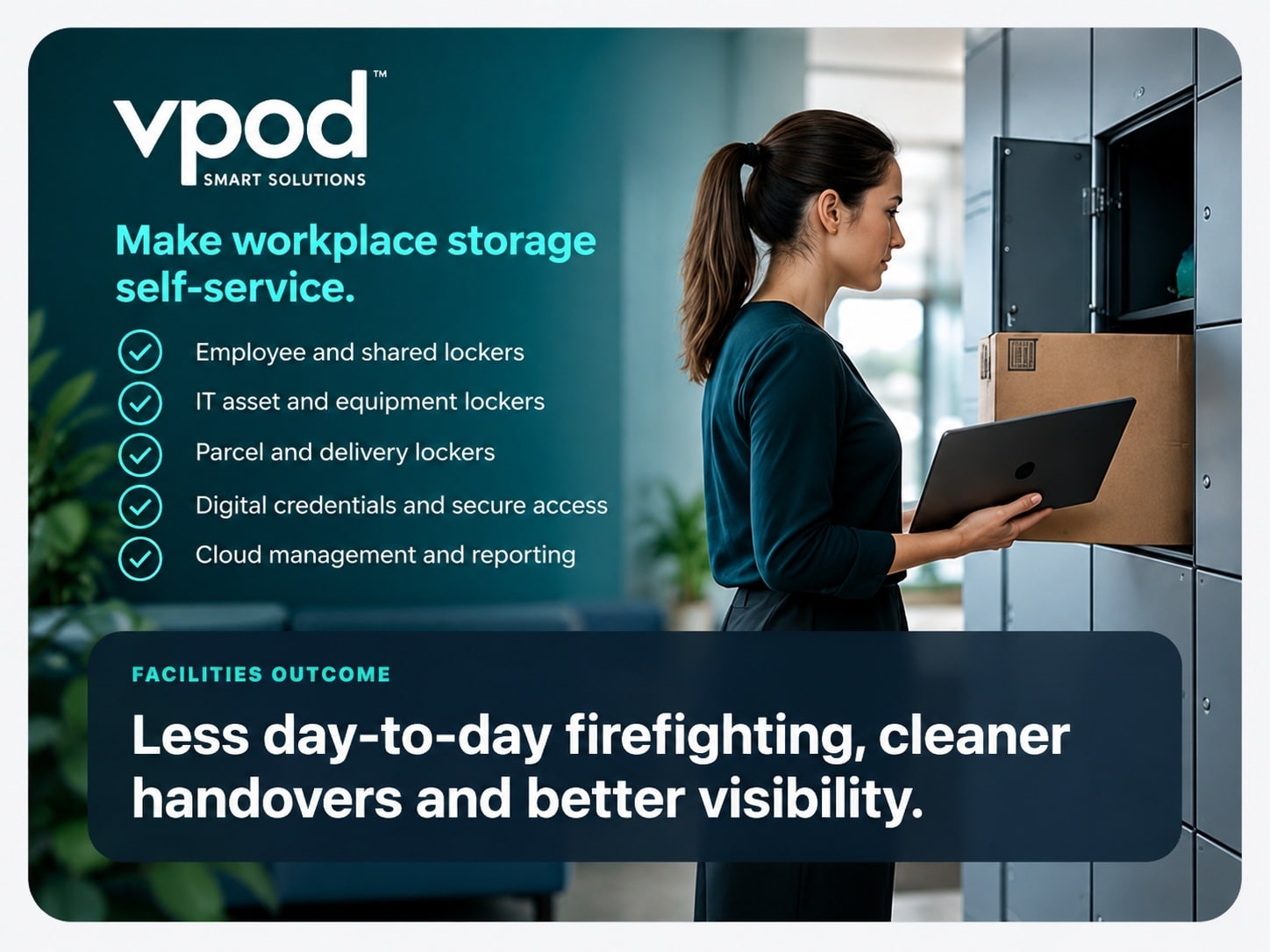Vpod smart locker facilities outcome showing self-service storage, parcel and delivery workflows