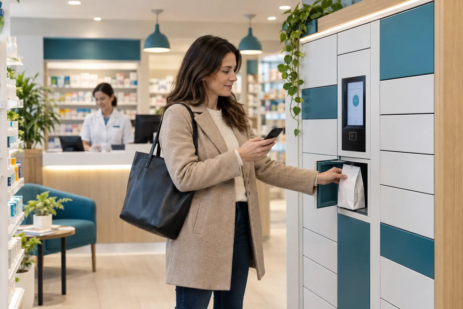 Customer collecting a sealed pharmacy bag from secure indoor smart lockers