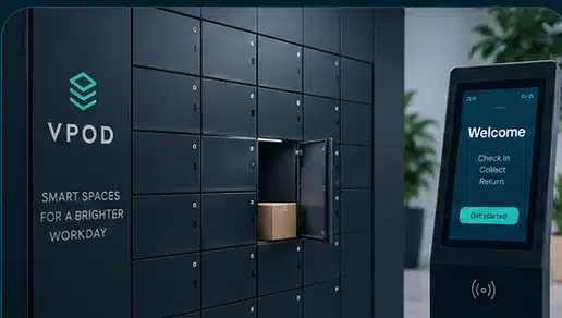 Vpod smart locker wall and workplace kiosk