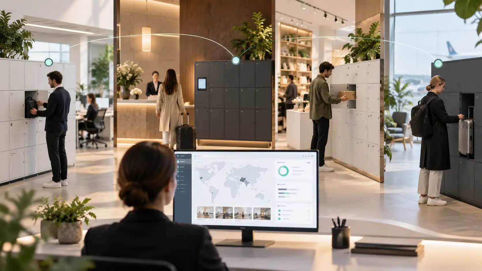 Connected self-service locker model spanning workplace, hospitality and guest-service environments