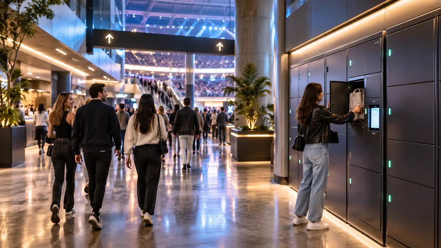 High-volume self-service locker storage in a modern event venue concourse