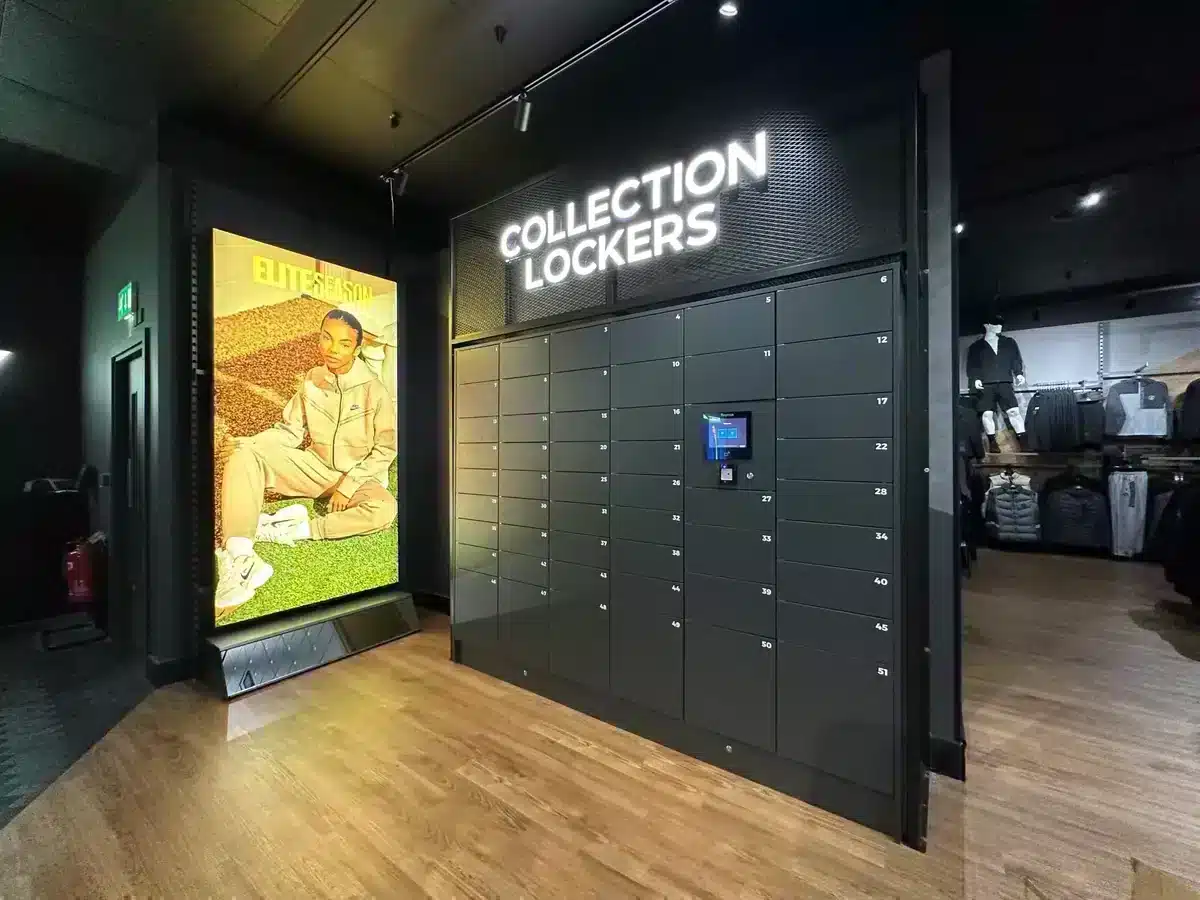 Permanent Vpod retail smart locker installation with powered touchscreen