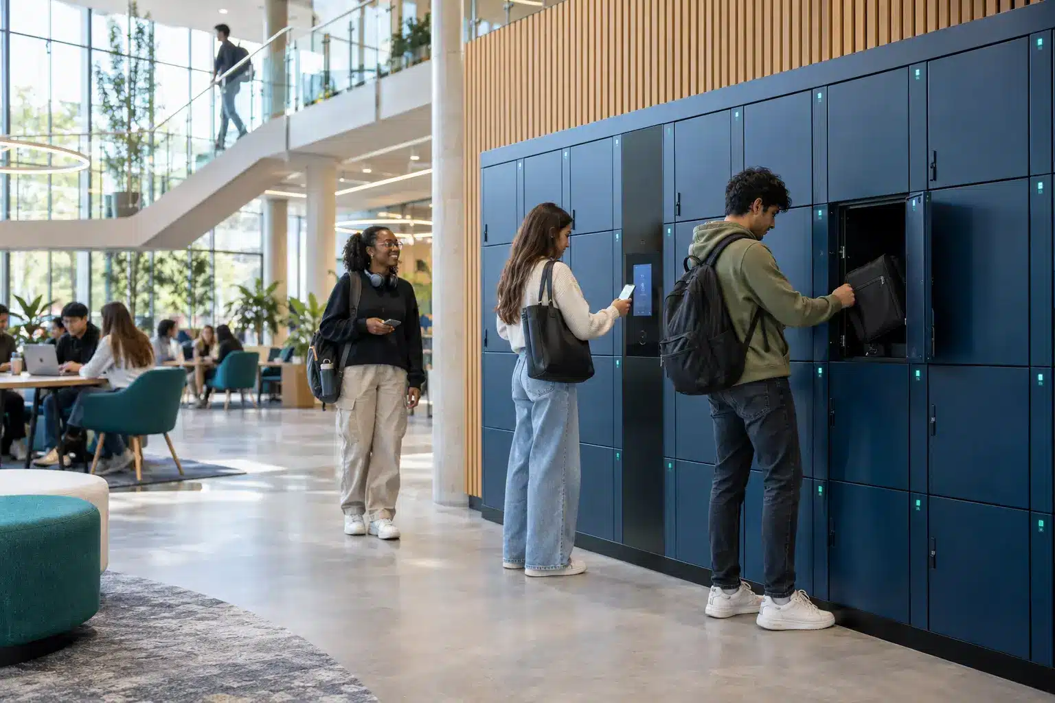 University students using modern smart lockers in a campus learning commons