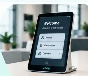 Vpod visitor management kiosk in a modern reception