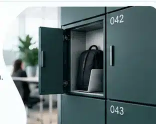 Open Vpod workplace locker containing an employee bag