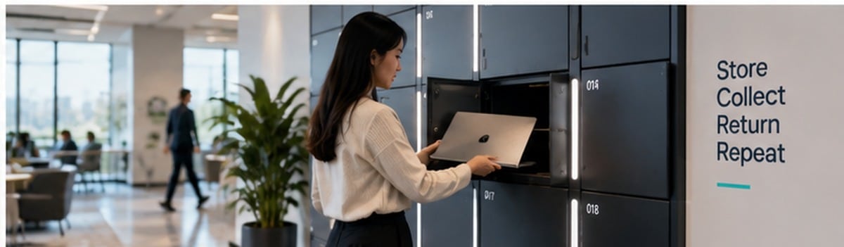 Employee collecting a laptop from an intelligent locker