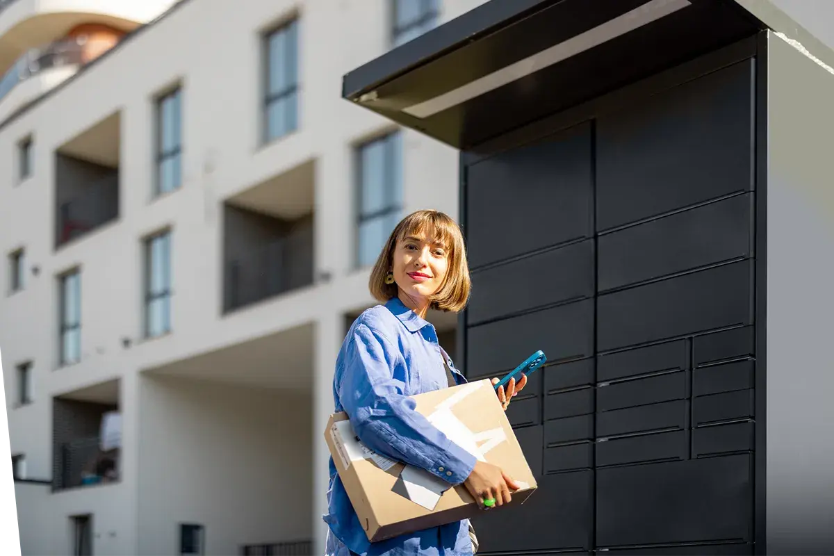 Recipient taking a package from a Vpod smart locker