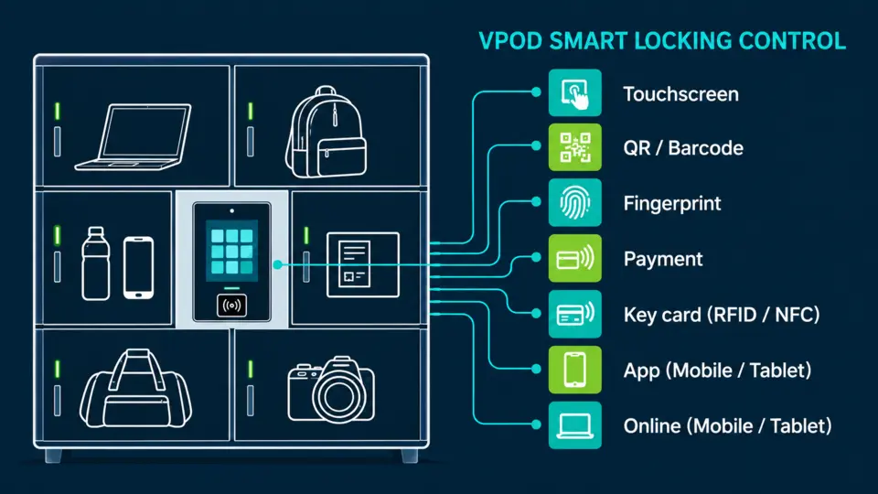 Vpod smart locking control options including touchscreen, QR code, fingerprint, payment, key card, app and online access