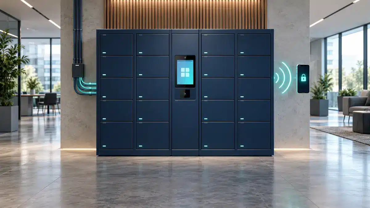 Wired and wireless smart locker system with fixed cabling, central touchscreen and mobile connectivity