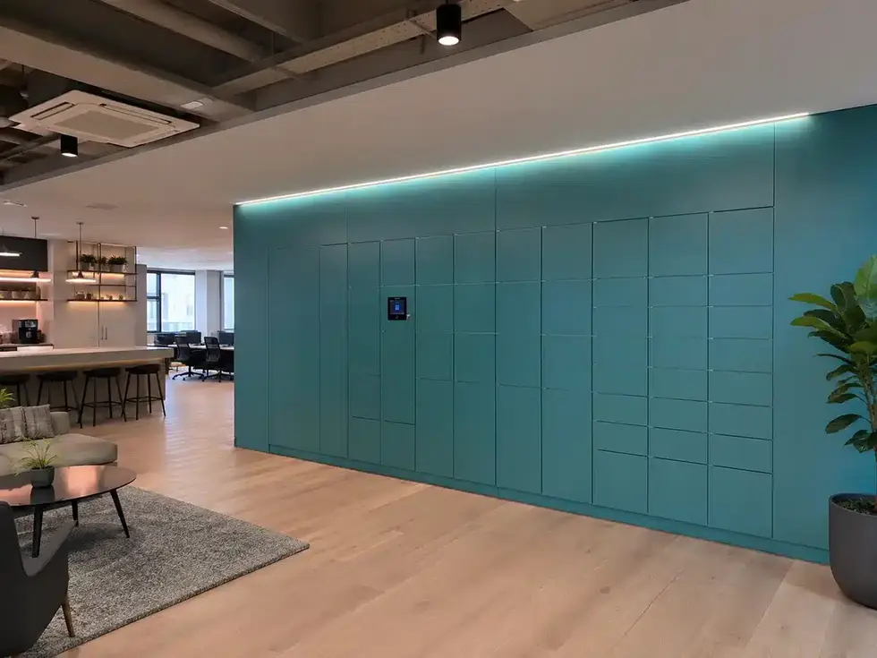 Smart locker wall integrated into a modern hybrid office