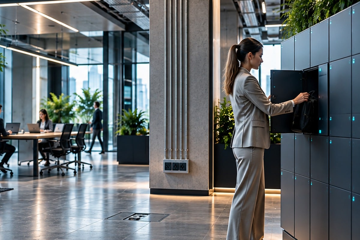 Employee using smart lockers in a modern office