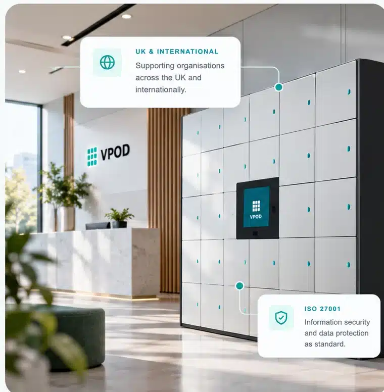 Vpod smart locker installation in a modern workplace with company trust markers
