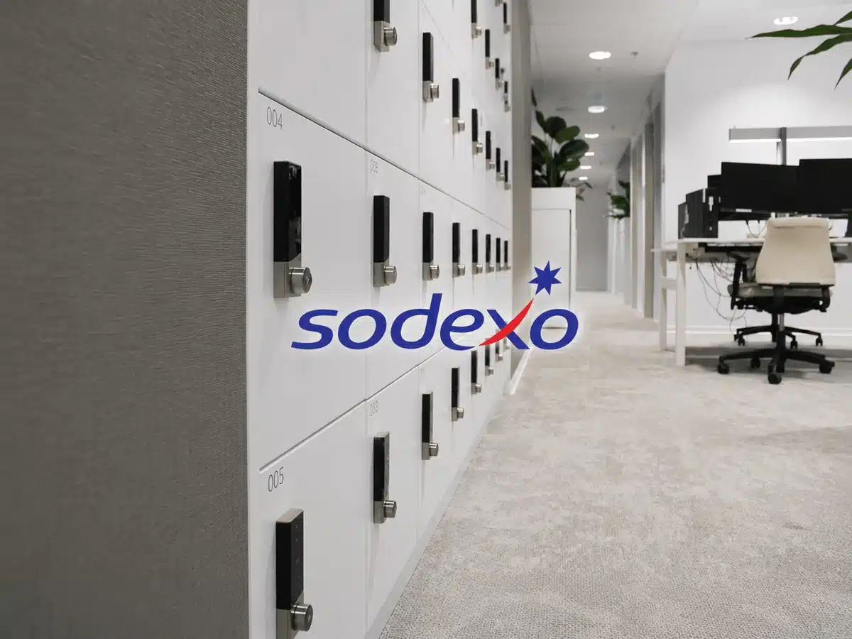 Sodexo workplace image showing a corridor of assigned employee lockers beside an office environment