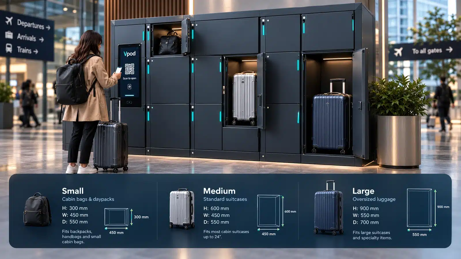 Mixed size smart luggage locker installation showing capacity planning