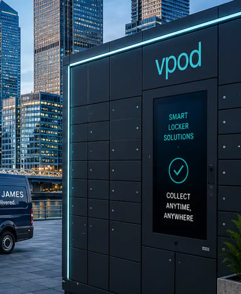 Illustrative artwork from the Wilson James and Vpod Canary Wharf executive case study showing the estate skyline and a Vpod locker