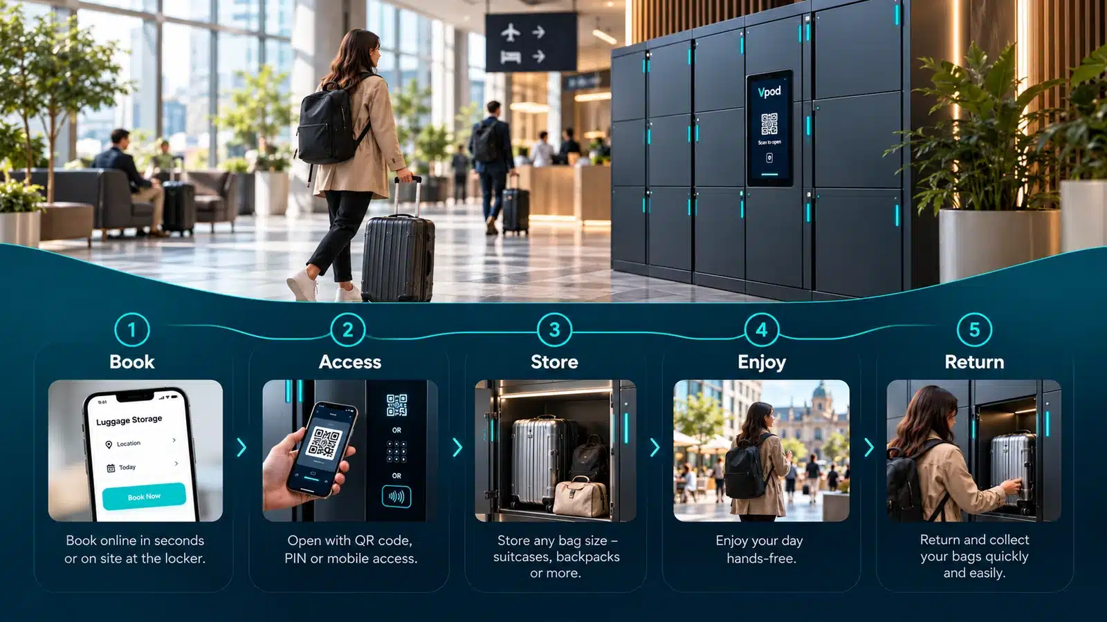 Visual guide to the five stages of the luggage storage journey