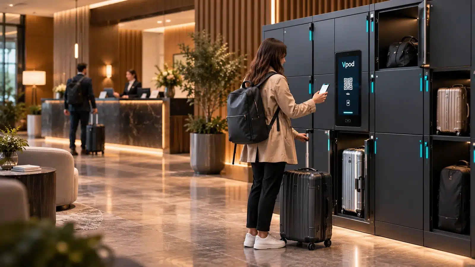 Illustration of luggage locker guest accessing a self-service compartment
