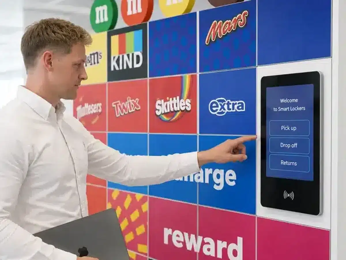 Employee using the touchscreen on a Mars-branded Vpod smart locker wall