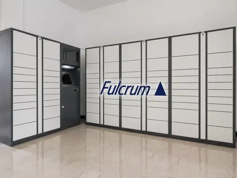 Fulcrum-branded Vpod parcel locker installation at Canary Wharf