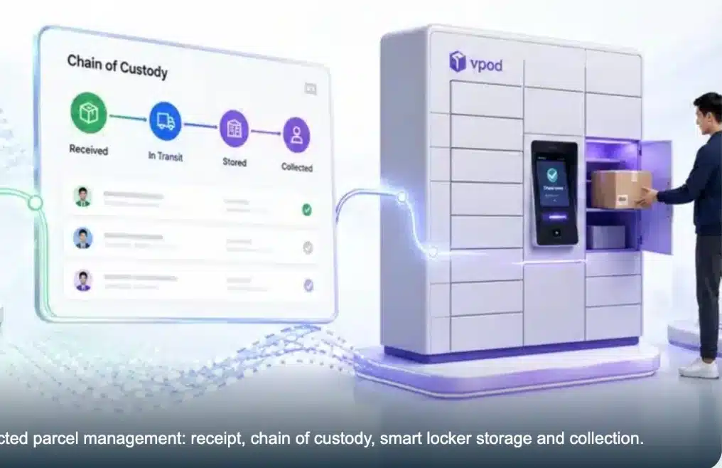 Vpod parcel locker buyer's guide showing parcel receipt, digital tracking and secure collection