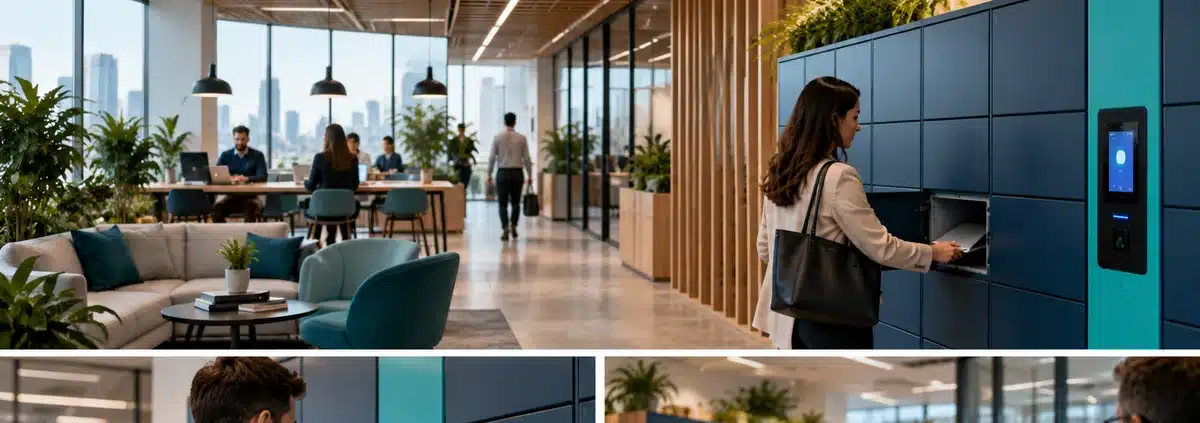Hybrid office with smart workplace lockers, employee access and digital workplace management
